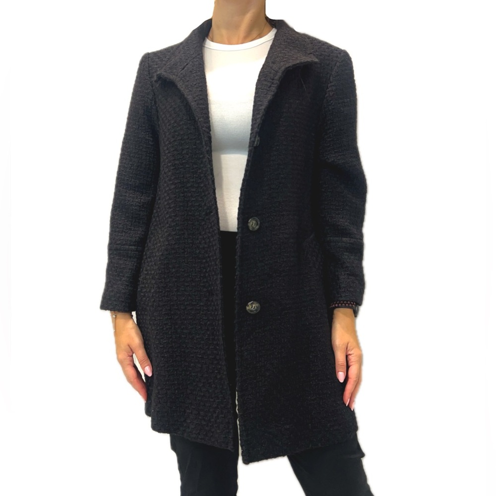Fleurette Black textured Wool Button Down coat